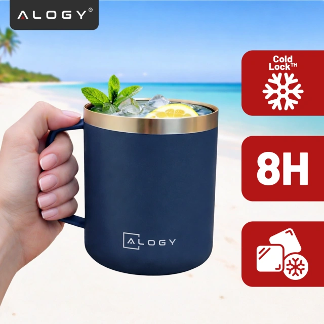 Alogy Kubek termiczny z uchwytem Thermal Mug otwierana pokrywka stalowy zimno i ciepło granatowy