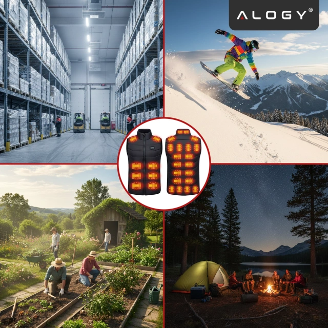 Kamizelka grzewcza z 28 strefami – 4-stopniowa regulacja temperatury, zasilanie USB, idealna na zimę i aktywności outdoor – Alogy ThermoVest™ Czarna (L)