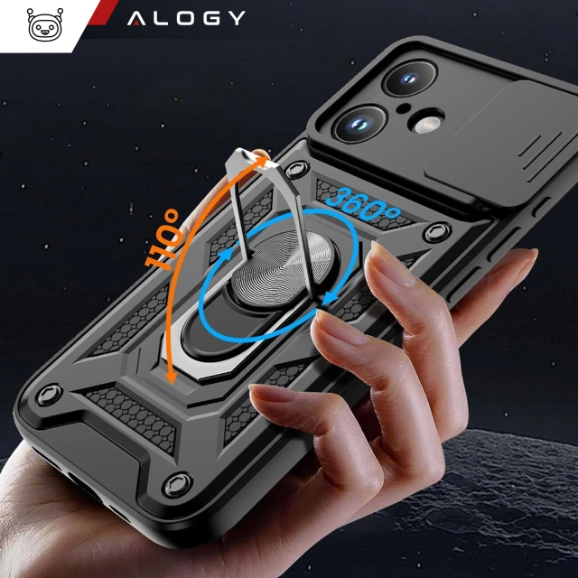 Etui do Apple iPhone 16 pancerne Slide Case Ring obudowa ochrona aparatu Camshield Alogy czarne + Szkło