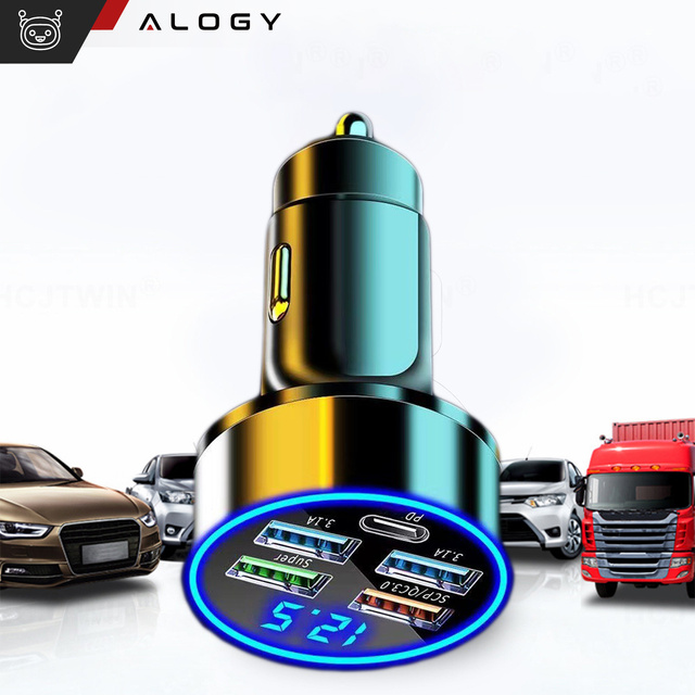 Alogy Car Ładowarka samochodowa 4x USB QC 3.0 + USB C PD 20W LED szybka mocna 250W czarna