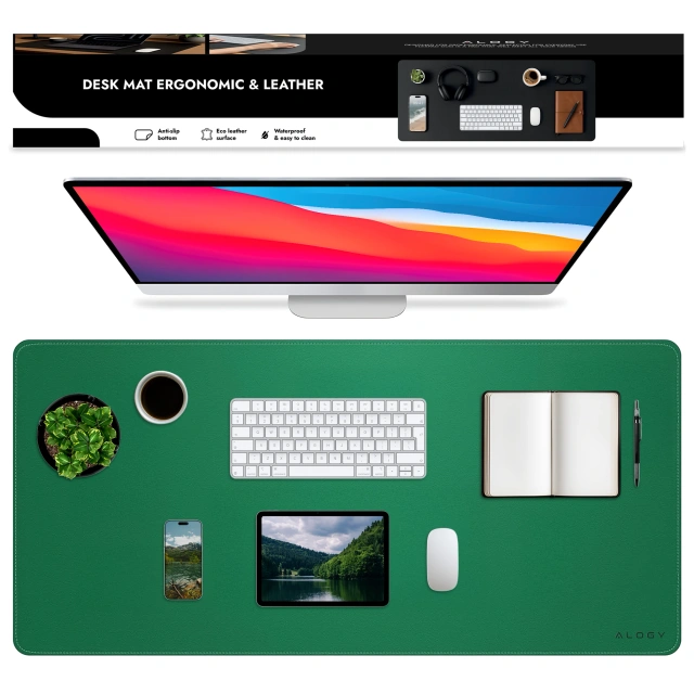 Podkładka na biurko 80×40 cm – antypoślizgowa mata ochronna z eleganckiej ekoskóry PU, pod mysz i klawiaturę, stylowa i trwała – Alogy WorkMat™ Zielona