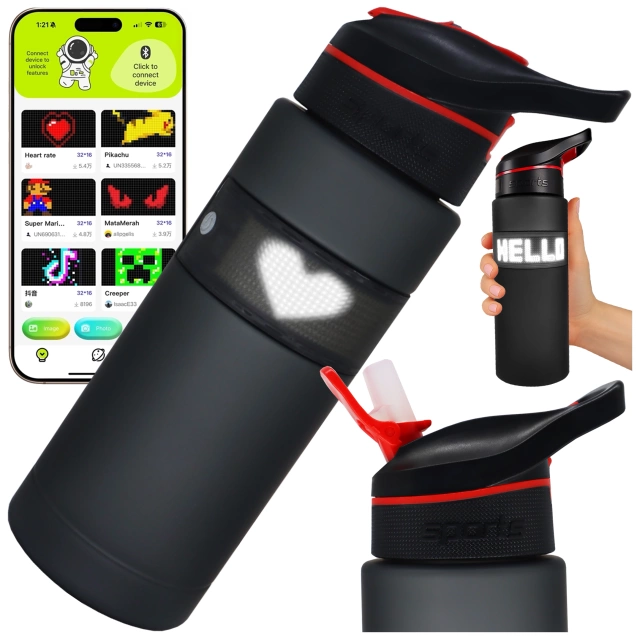Butelka Bidon na Napoje LED, Inteligentna z Wyświetlaczem i Łącznością Bluetooth, Słomka, Motywacyjna, Wielokrotnego Użytku, Alogy FitBottle™ - Czarna