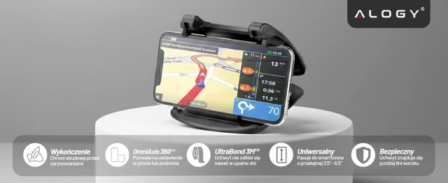 Uchwyt samochodowy na telefon GPS do 6.5" – montaż na kokpit i deskę rozdzielczą, obrót 360°, stabilny i regulowany – Alogy DriveMount™ Czarny