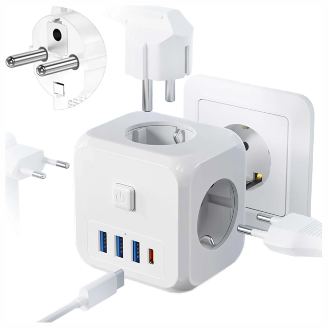 Alogy Rozgałęźnik sieciowy rozdzielacz Ładowarka adapter złodziejka 3 gniazdka PL/EU USB USB-C 7w1 5V 2.4A Biały