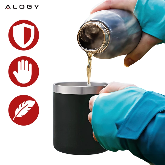 Alogy Kubek termiczny z uchwytem Thermal Mug otwierana pokrywka stalowy zimno i ciepło Czarny