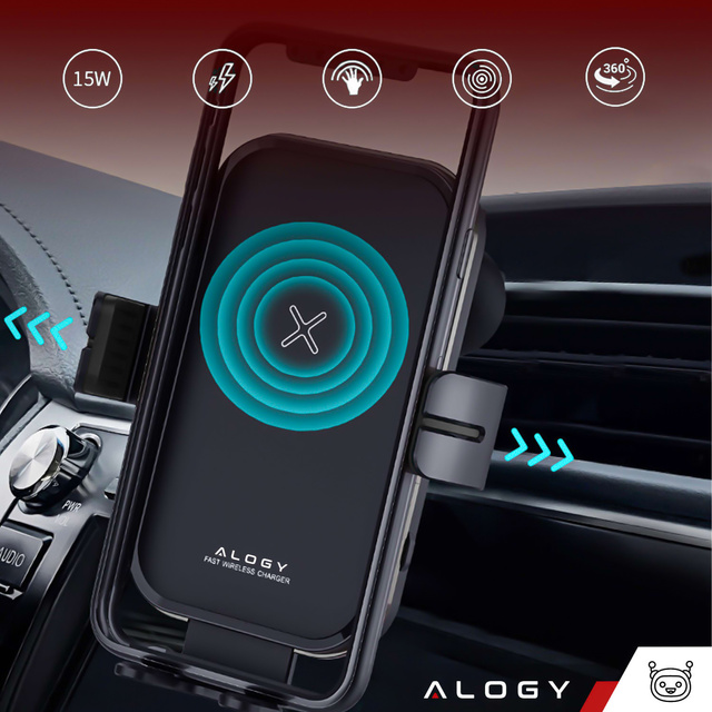 Alogy Uchwyt samochodowy Fast Wireless Charging Car Holder z Ładowarką Qi indukcyjną 15W do auta na kratkę