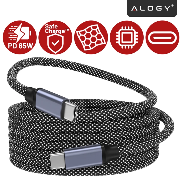 Kabel Zasilający USB-C do USB-C 65W 1m, Szybkie Ładowanie PD, Magnetyczny, Trwały i Elastyczny Przewód Kompatybilny z iPhone, MacBook i Android, Alogy MagiCharge™ – Czarny