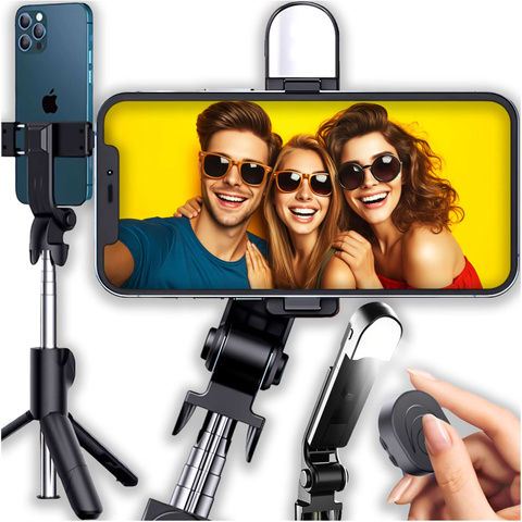 Alogy Uchwyt Bezprzewodowy Selfie Stick Bluetooth składany Tripod Mini statyw do telefonu z lampką LED