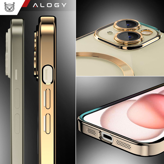 Alogy Etui do iPhone 15 MagSafe Case Glamour Luxury Ring obudowa Złote przezroczyste