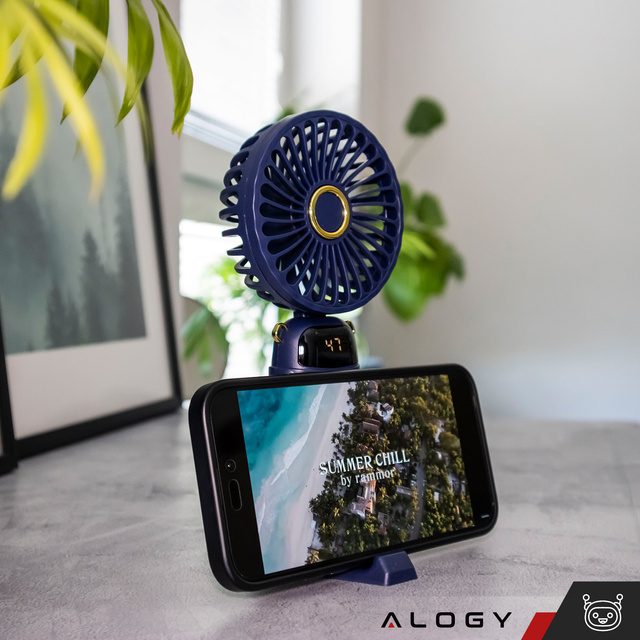 Alogy Wentylator Wiatrak wiatraczek ręczny bezprzewodowy przenośny do ręki na biurko z uchwytem na telefon USB-C Granatowy