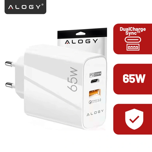 Ładowarka sieciowa USB-A + USB-C – szybkie ładowanie QC 3.0 i PD 33W 65W, kompaktowa, uniwersalna do telefonu i laptopa – Alogy GaN PowerCharge™ Biała