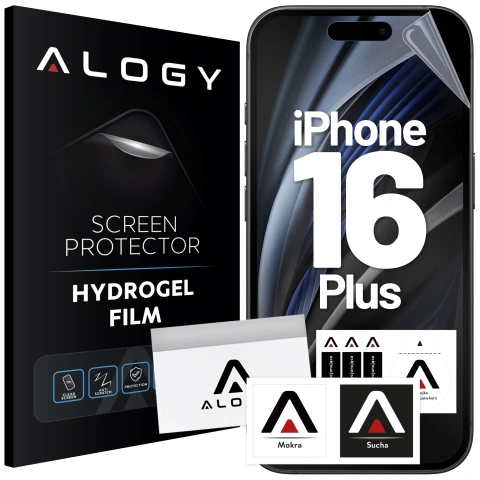 Folia hydrożelowa do Apple iPhone 16 Plus – elastyczna ochrona ekranu, samoregeneracja, pełne dopasowanie i wysoka przejrzystość – Alogy Hydrogel Film™