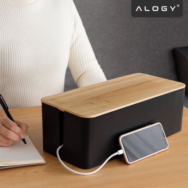 Organizer Pojemnik na Kable i Listwy, Pudełko Biurkowe i Podłogowe Rozmiar L, Estetyczne Wykończenie Drewno, Alogy CableBox™ – Czarny