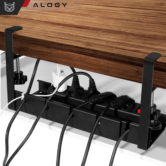 Alogy Organizer kabli pod blat półka regulowana na kable listwe biurkowy aluminiowy uchwyt Czarny 
