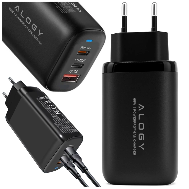 Ładowarka Sieciowa 3w1 z Technologią GaN3 65W, Szybkie Ładowanie PD i QC, Porty 2x USB-C 65W + USB-A 30W, Kompaktowa i Wydajna, Alogy GaNCharge Compact™ – Czarna