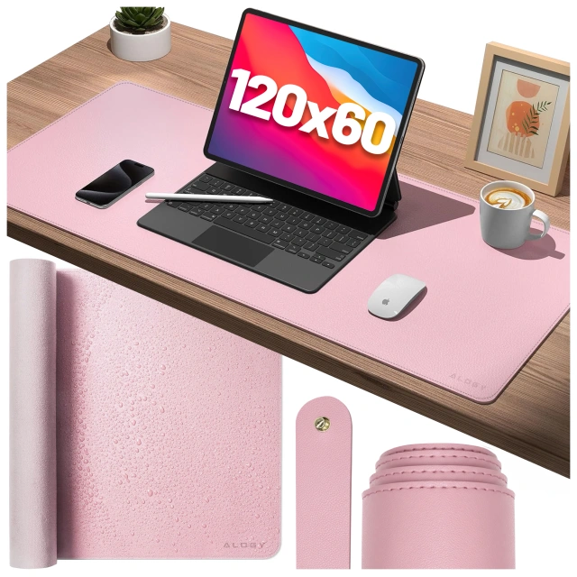 Podkładka na biurko 120×60 cm – antypoślizgowa mata ochronna z eleganckiej ekoskóry PU, pod mysz i klawiaturę, stylowa i trwała – Alogy WorkMat™ Różowa
