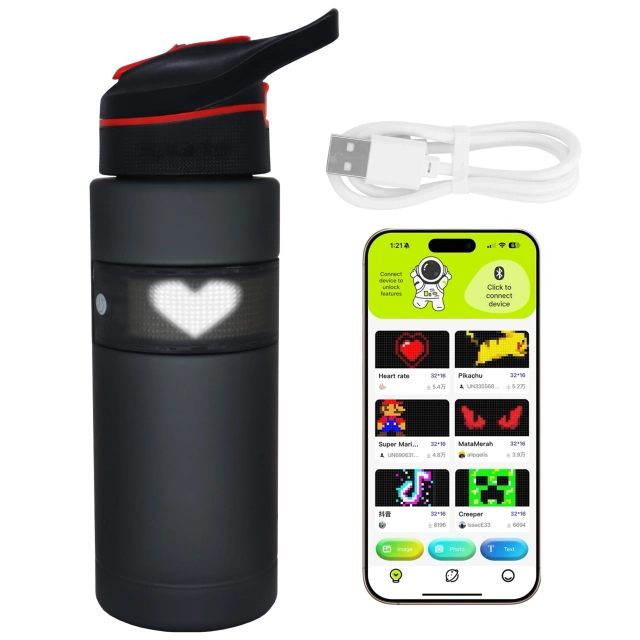 Butelka Bidon na Napoje LED, Inteligentna z Wyświetlaczem i Łącznością Bluetooth, Słomka, Motywacyjna, Wielokrotnego Użytku, Alogy FitBottle™ - Czarna