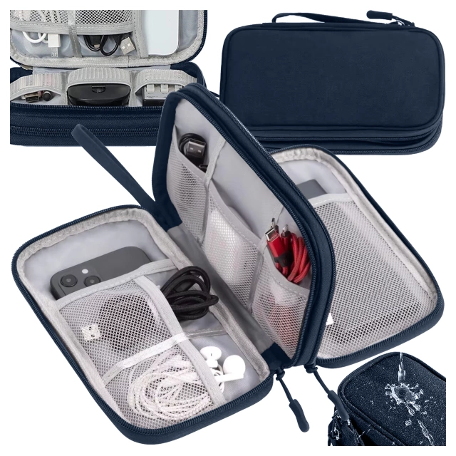 Etui Podróżne na Akcesoria, Organizer na Kable, Ładowarki, Telefon i Powerbank, Wielofunkcyjne i Kompaktowe 21 x 12,5 x 5 cm, Alogy TravelPack™ – Granatowe