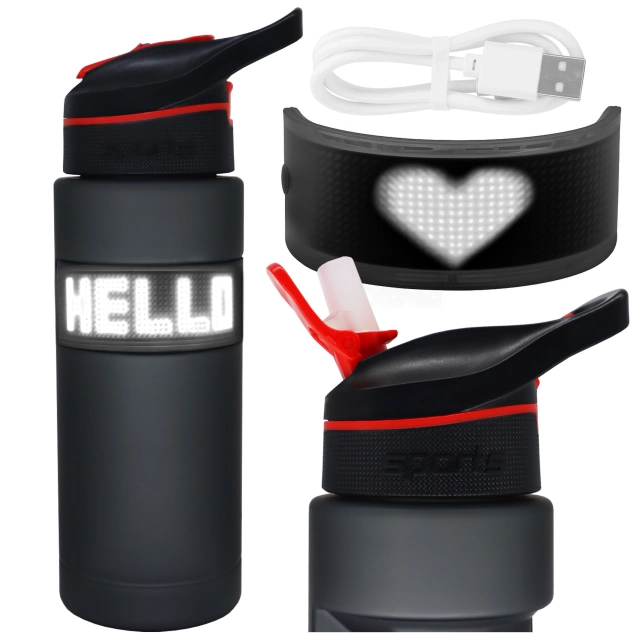 Butelka Bidon na Napoje LED, Inteligentna z Wyświetlaczem i Łącznością Bluetooth, Słomka, Motywacyjna, Wielokrotnego Użytku, Alogy FitBottle™ - Czarna