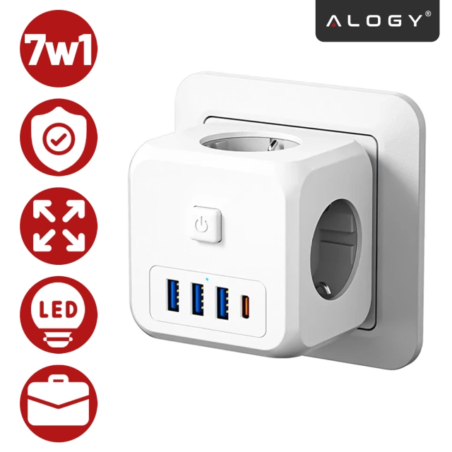 Alogy Rozgałęźnik sieciowy rozdzielacz Ładowarka adapter złodziejka 3 gniazdka PL/EU USB USB-C 7w1 5V 2.4A Biały