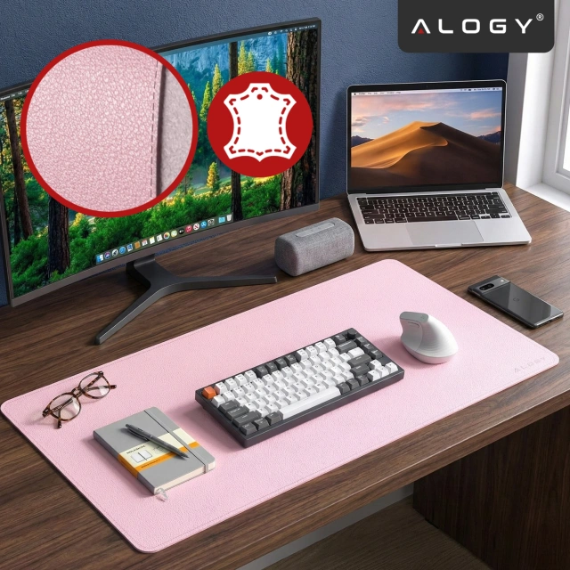 Podkładka na biurko 80×40 cm – antypoślizgowa mata ochronna z eleganckiej ekoskóry PU, pod mysz i klawiaturę, stylowa i trwała – Alogy WorkMat™ Różowa