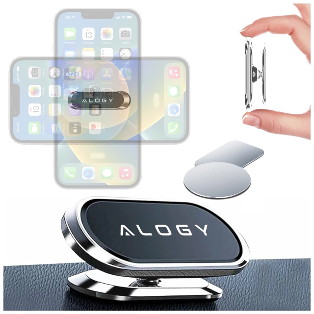 Uchwyt magnetyczny samochodowy do telefonu – uniwersalny, na kokpit i deskę rozdzielczą, stabilny i mocny – Alogy SilverMount™ Srebrny
