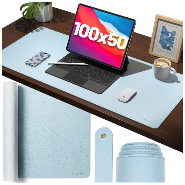 Podkładka na biurko 100×50 cm – antypoślizgowa mata ochronna z eleganckiej ekoskóry PU, pod mysz i klawiaturę, stylowa i trwała – Alogy WorkMat™ Niebieska