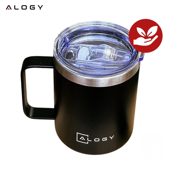 Alogy Kubek termiczny z uchwytem Thermal Mug otwierana pokrywka stalowy zimno i ciepło Czarny