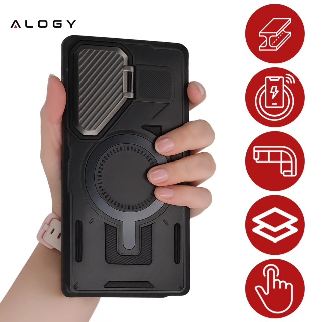 Etui do Samsung Galaxy S25 Ultra Case do MagSafe Wzmocniona Pancerna ochrona obiektywów z funkcją podstawki obudowa ochronna na telefon Alogy HeavyDuty Mag™️Czarne