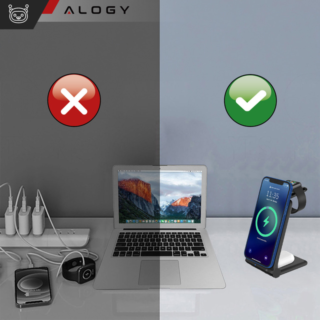 Ładowarka indukcyjna do iPHONE, APPLE WATCH, AIRPODS Alogy 3w1 QI stacja ładowania stojak 15W