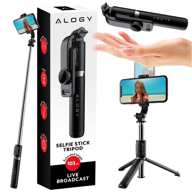 Alogy Kijek Selfie Stick uchwyt do telefonu zdjęć statyw Tripod 103 cm + Pilot Bluetooth Czarny