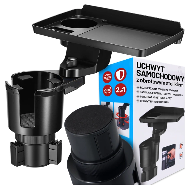 Uchwyt Samochodowy na Kubek i Butelkę Telefon z Obrotowym Stoliczkiem 360°, Mobilny Organizer 2w1, Alogy MultiUse Tray™ – Czarny