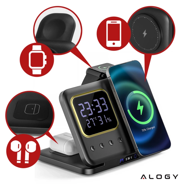 Ładowarka indukcyjna 5w1 składana Alogy MagStation Foldable Pro do MagSafe do Apple iPhone Watch AirPods z zegarem i higrometrem Czarna