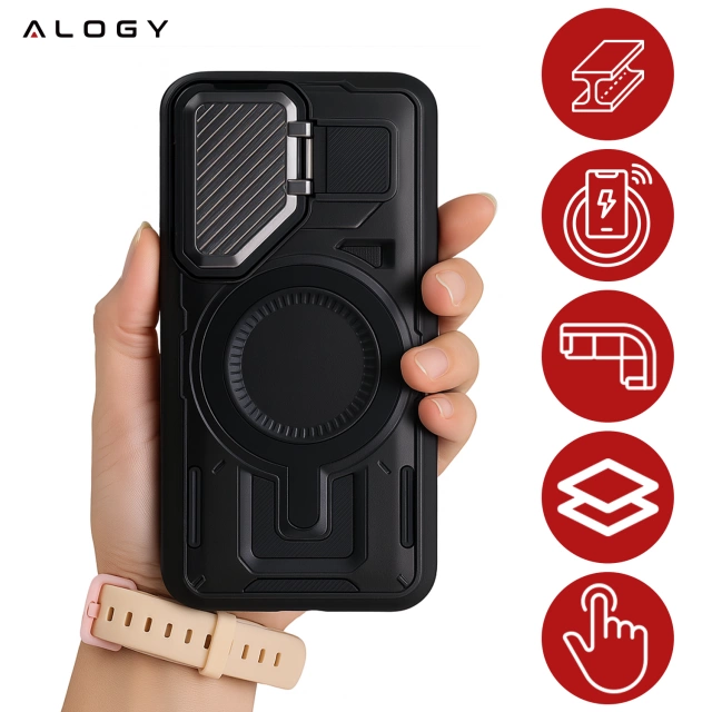 Etui do Samsung Galaxy S25 Plus Case do MagSafe Wzmocniona Pancerna ochrona obiektywów z funkcją podstawki obudowa ochronna na telefon Alogy HeavyDuty Mag™️Czarne
