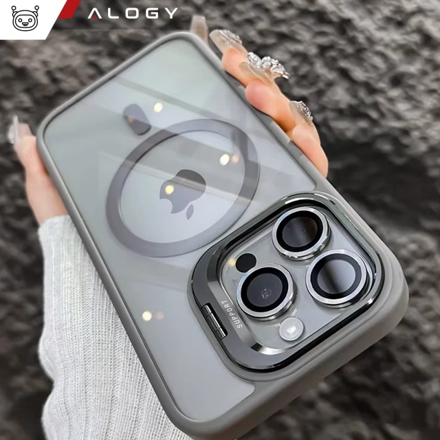 Etui hybrydowe ochronne do Apple iPhone 16 Pro Max Alogy KickStand Hybrid Case z podpórką do MagSafe Szare + szkło hartowane