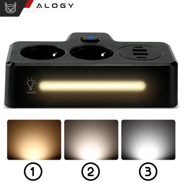 Rozgałęźnik gniazdka Alogy Plug Extender rozdzielacz adapter przedłużacz 2x wtyczka EU + 2x USB + 2x USB-C Czarny