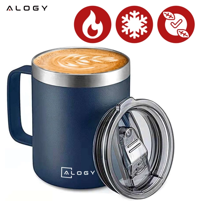 Alogy Kubek termiczny z uchwytem Thermal Mug otwierana pokrywka stalowy zimno i ciepło granatowy