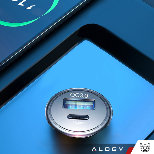 Alogy Car Ładowarka samochodowa USB QC 3.0 18W + USB C PD 30W szybka mocna do telefonu czarna