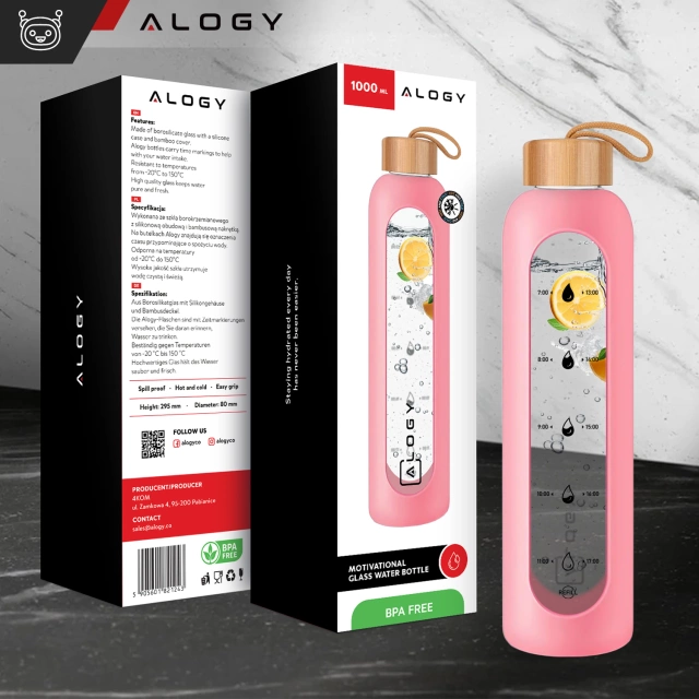 Alogy Motivational Glass Water Bottle Butelka szklana duża bidon na wodę napoje Miarka motywacyjna 1l 1000ml Różowa