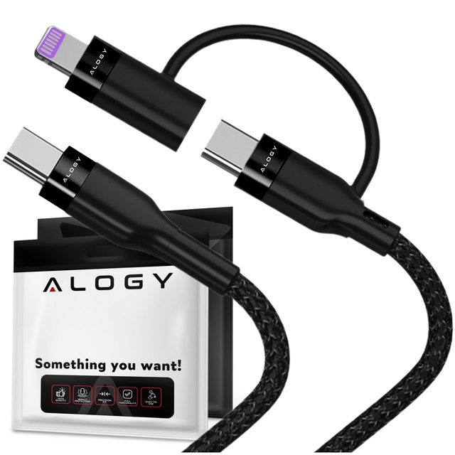 Kabel 2w1 Alogy USB-C typ C do Lightning PowerDelivery do Apple iPhone PD 60W 100cm 1M przejściówka adapter Czarny