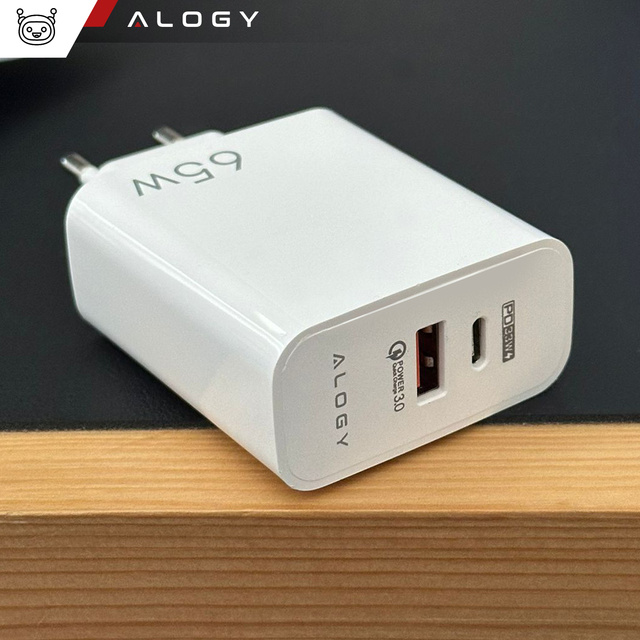 Alogy Ładowarka sieciowa szybka USB-A QC 3.0 Quick Charge + USB-C PD 33W 65W Biała