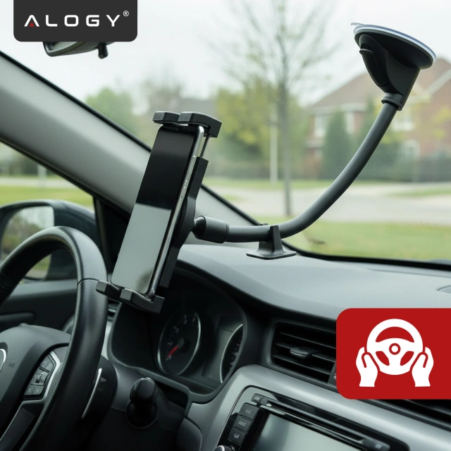 Uchwyt samochodowy na tablet telefon 4–13" – długie regulowane ramię, montaż na kokpit i szybę, stabilny i uniwersalny – Alogy SteadyRide™ Czarny