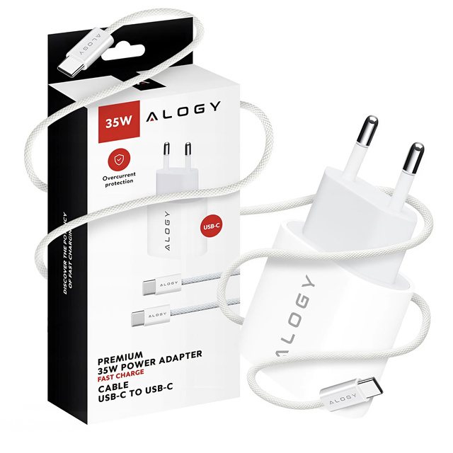 Alogy Ładowarka sieciowa szybka mocna 35W USB-C USB typ C PD GaN do iPhone 15 +Kabel type-C 1m Biała