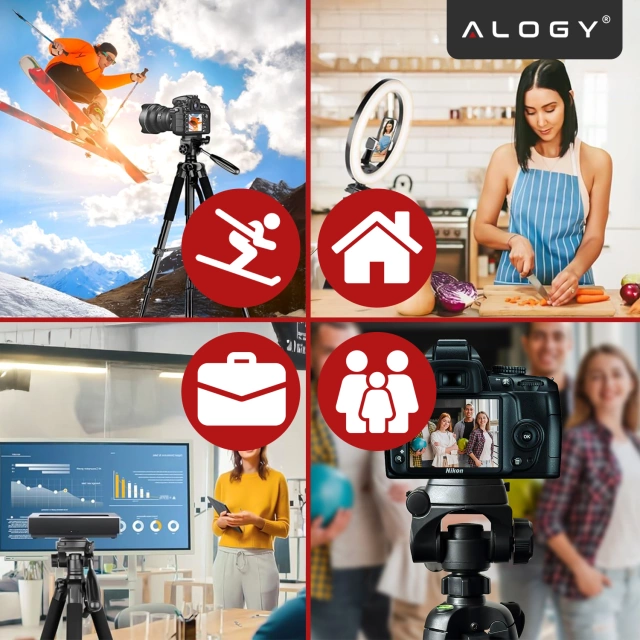Alogy Statyw Fotograficzny Tripod Uniwersalny stojak do Kamer 1/4 uchwyt na telefon aparat 170cm Czarny