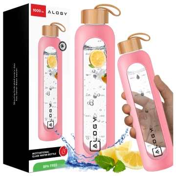 Alogy Motivational Glass Water Bottle Butelka szklana duża bidon na wodę napoje Miarka motywacyjna 1l 1000ml Różowa