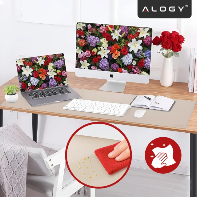 Podkładka na biurko 90×45 cm – antypoślizgowa mata ochronna z eleganckiej ekoskóry PU, pod mysz i klawiaturę, stylowa i trwała – Alogy WorkMat™ Beżowa