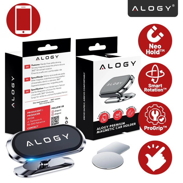 Uchwyt magnetyczny samochodowy Alogy do auta uniwersalny do telefonu na kokpit do deski Srebrny