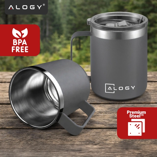 Kubek termiczny 420ml z uchwytem pokrywką na kawę herbatę stalowy zimne i ciepłe napoje Alogy Szary