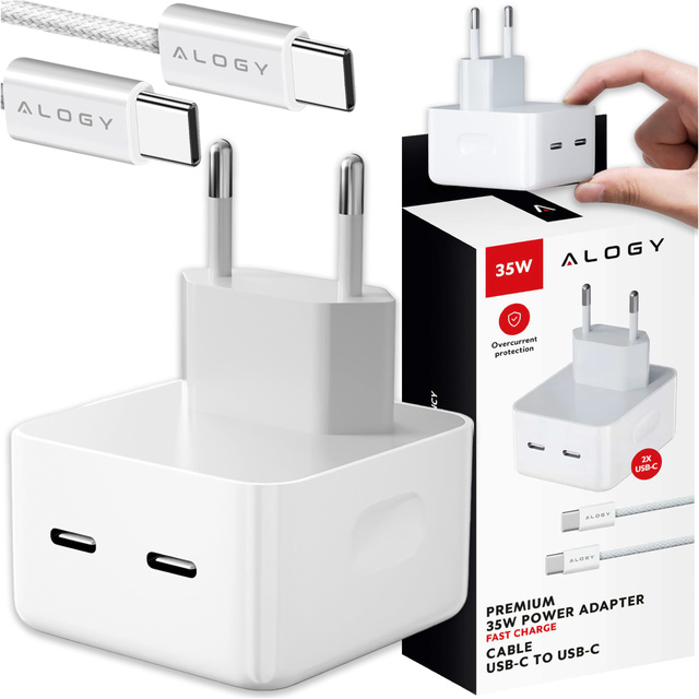 Alogy Ładowarka sieciowa szybka 35W 2x USB-C USB typ C PD do iPhone + Kabel type-C 1m Biała