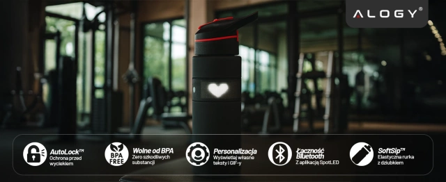 Butelka Bidon na Napoje LED, Inteligentna z Wyświetlaczem i Łącznością Bluetooth, Słomka, Motywacyjna, Wielokrotnego Użytku, Alogy FitBottle™ - Czarna